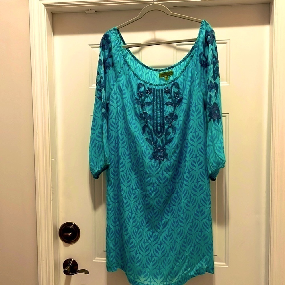 Sigrid Olson Aqua Sea Embroidered Peacock Dress